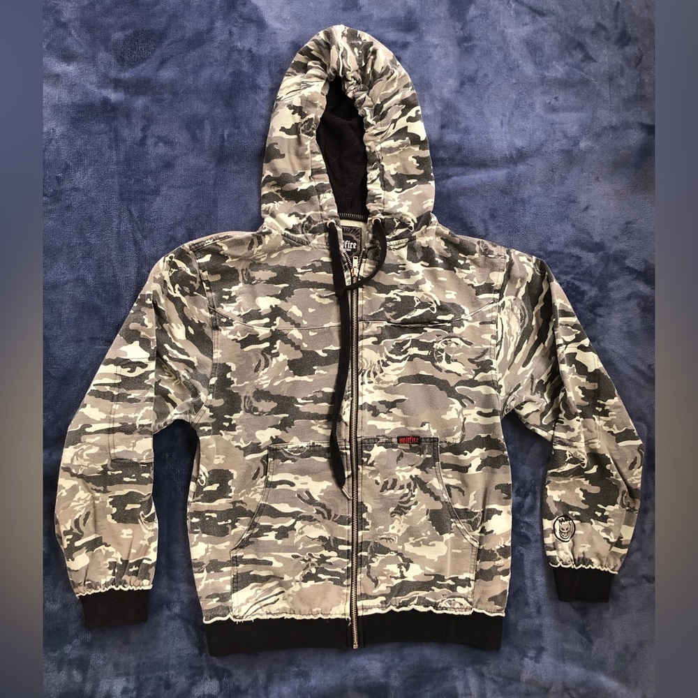 Spitfire Camo Green Black Zip Up Hoodie S Thumb Holes Y2K Skater